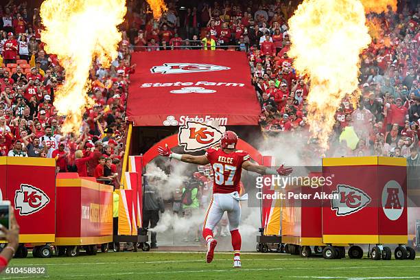 Tight end Travis Kelce of the Kansas City Chiefs is introduced to the fans before the game against the New York Jets at Arrowhead Stadium on...
