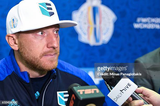 Marian Hossa of Team Europe speaks to media during the World Cup of Hockey 2016 against Team Sweden at Air Canada Centre on September 25, 2016 in...