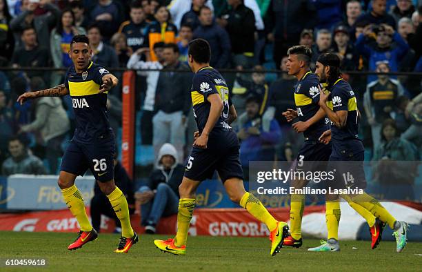 Ricardo Centurion of Boca Juniors celebrates after scoring during a match between Boca Juniors and Quilmes as part of 4th round of Torneo Primera...