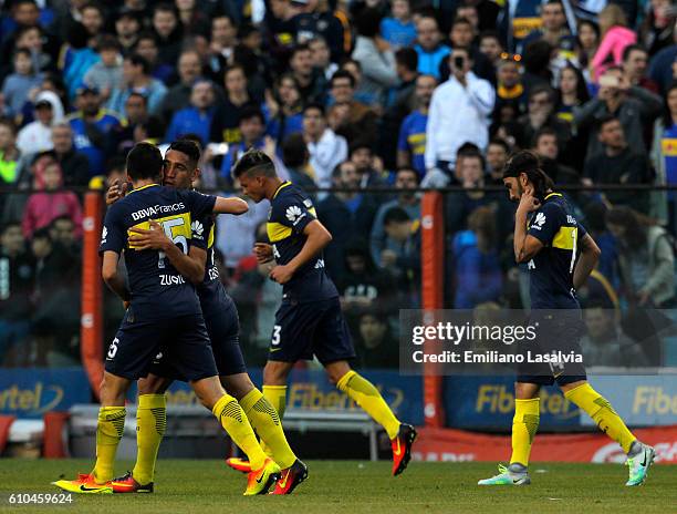 Ricardo Centurion of Boca Juniors celebrates after scoring during a match between Boca Juniors and Quilmes as part of 4th round of Torneo Primera...