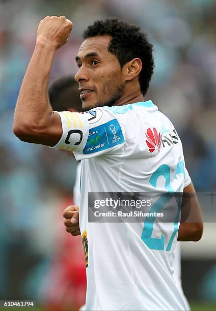 Carlos Lobaton of Sporting Cristal celebrates the first goal of his team during a match between Sporting Cristal and Juan Aurich as part of Torneo...