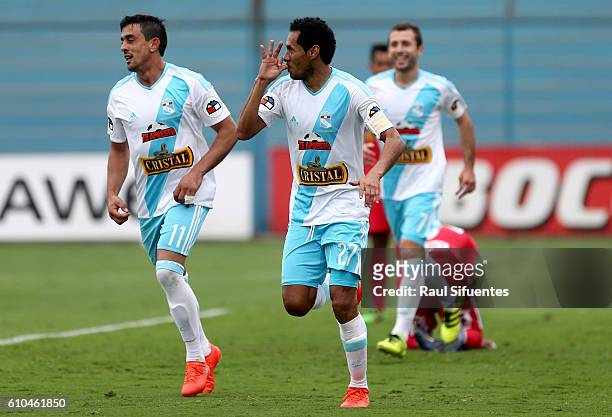 Carlos Lobaton of Sporting Cristal celebrates after scoring the first goal of his team against Juan Aurich during a match between Sporting Cristal...