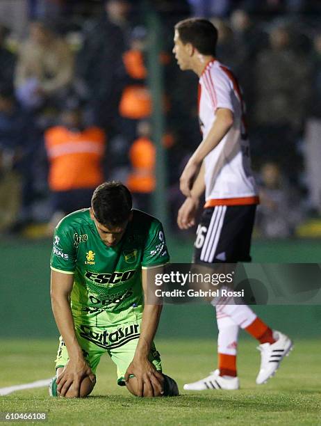 Lucas Bareiro of Defensa y Justicia looks dejected after scoring an own goal during a match between Defensa y Justicia and River Plate as part of...