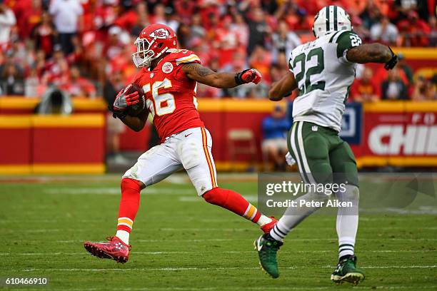 Inside linebacker Derrick Johnson of the Kansas City Chiefs intercepts a pass intended for running back Matt Forte of the New York Jets that would be...