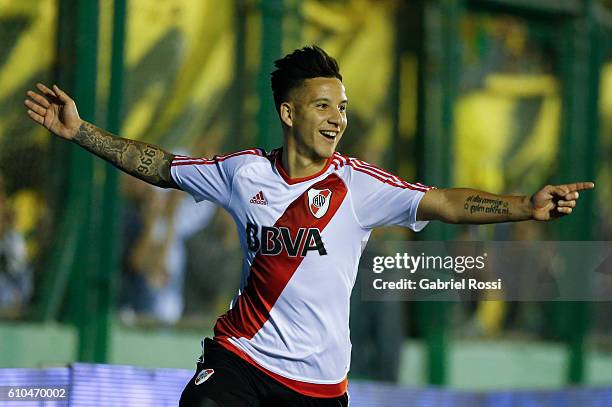 Sebastian Driussi of River Plate celebrates after scoring the third goal of his team during a match between Defensa y Justicia and River Plate as...