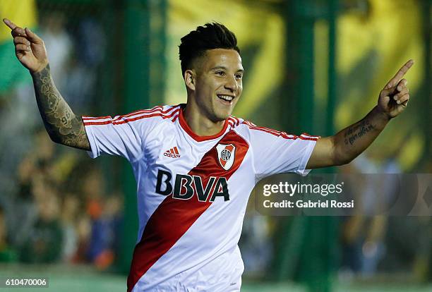 Sebastian Driussi of River Plate celebrates after scoring the third goal of his team during a match between Defensa y Justicia and River Plate as...