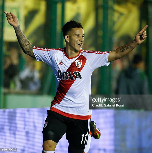 Sebastian Driussi of River Plate celebrates after scoring the third goal of his team during a match between Defensa y Justicia and River Plate as...