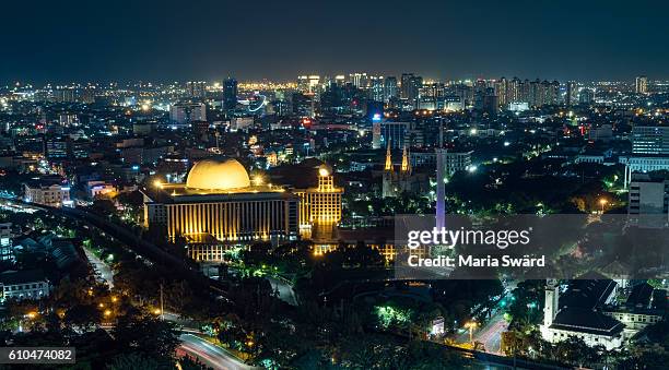 jakarta - istiqlal mosque and jakarta cathedral aerial view - jakarta stock pictures, royalty-free photos & images