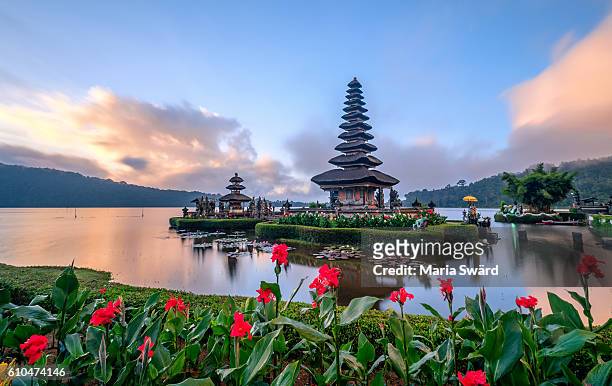 ulun danu beratan temple with beautiful iris at sunrise, bali, indonesia - luogo d'interesse internazionale foto e immagini stock