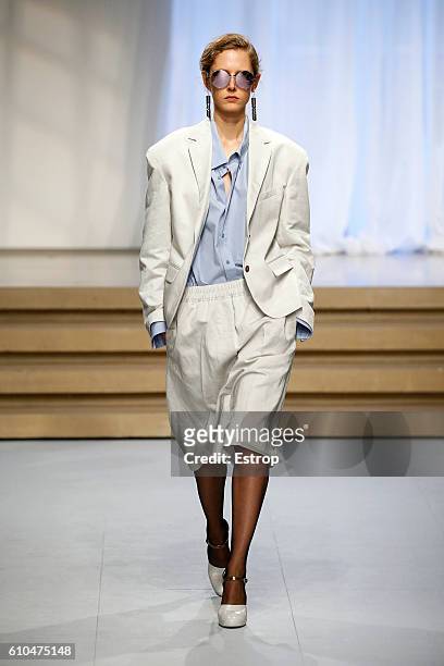 Model walks the runway at the Jil Sander designed by Rodolfo Paglialunga show Milan Fashion Week Spring/Summer 2017 on September 24, 2016 in Milan,...