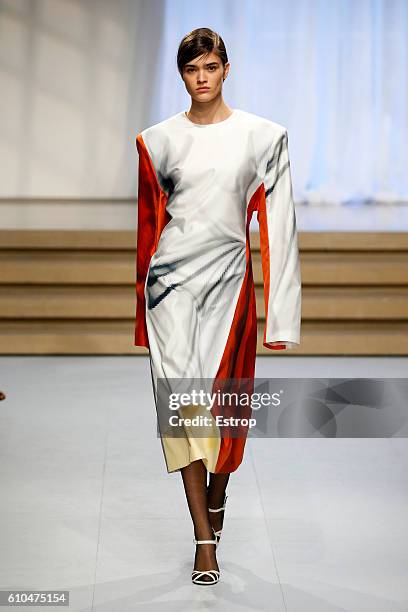 Model walks the runway at the Jil Sander designed by Rodolfo Paglialunga show Milan Fashion Week Spring/Summer 2017 on September 24, 2016 in Milan,...