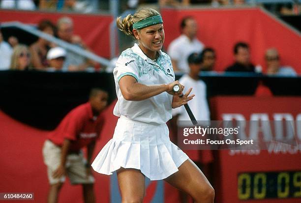 Tennis player Anke Huber of Germany returns a shot during the women 1995 DU Maurier Open Tennis Tournament at the Uniprix Stadium in Montreal,...