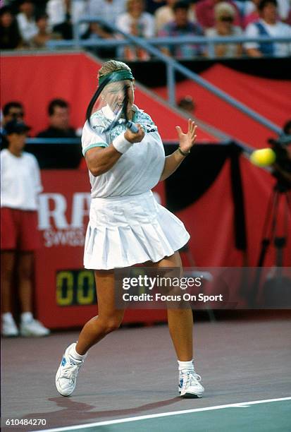 Tennis player Anke Huber of Germany serves during the women 1995 DU Maurier Open Tennis Tournament at the Uniprix Stadium in Montreal, Quebec, Canada.