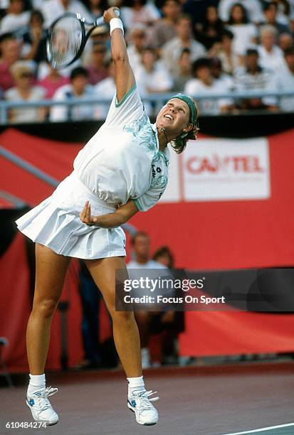 Tennis player Anke Huber of Germany serves during the women 1995 DU Maurier Open Tennis Tournament at the Uniprix Stadium in Montreal, Quebec, Canada.