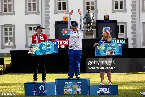 Marcella Tonioli of Italy celebrates winning Women's Compund individual and appears together with Sarah Holst Sonnichsen of Denmark who took a 2nd...