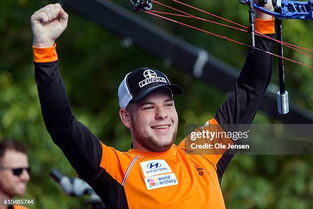 Mike Schloesser of Holland celebrates winning the Compound Men's individual during the 2016 Hyundai Archery World Cup Finals on day one at King's...