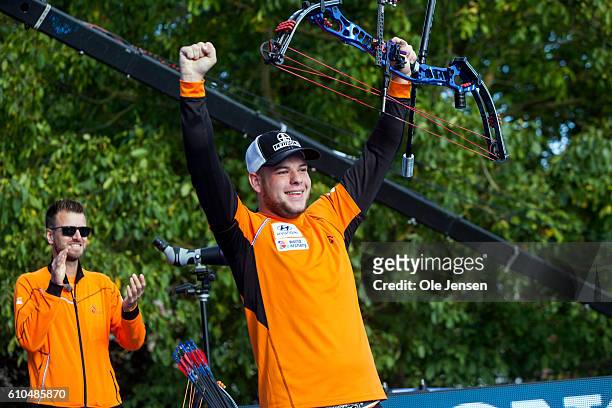 Mike Schloesser of Holland celebrates winning the Compound Men's individual during the 2016 Hyundai Archery World Cup Finals on day one at King's...