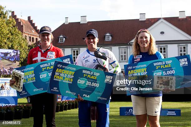 Marcella Tonioli of Italy wins Women's Compund individual and poses together with Sarah Holst Sonnichsen of Denmark who took a 2nd place and Crystal...