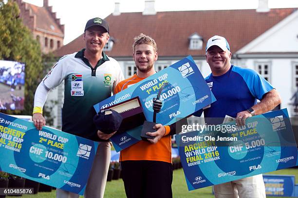 Winners of the 2016 Hyundai Archery World Cup Final in Compound for Men pose for photographer's - Mike Schloesser of Holland took a 1st place, Seppie...