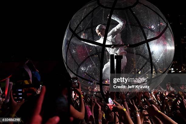 Recording artist Diplo of Major Lazer rolls over the crowd during day 3 of the 2016 Life Is Beautiful festival on September 25, 2016 in Las Vegas,...