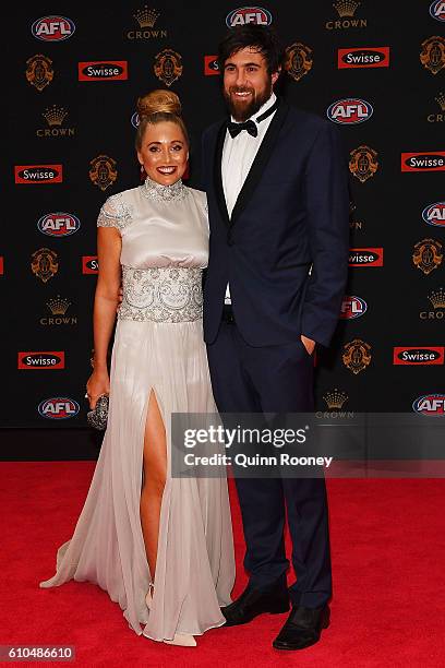 Josh Kennedy of the Eagles and Laura Atkinson arrive ahead of the 2016 Brownlow Medal at Crown Entertainment Complex on September 26, 2016 in...