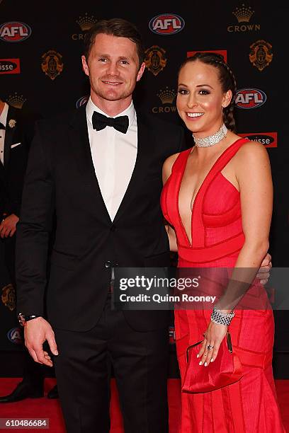 Patrick Dangerfield of Geelong and Mardi Dangerfield arrive ahead of the 2016 Brownlow Medal at Crown Entertainment Complex on September 26, 2016 in...