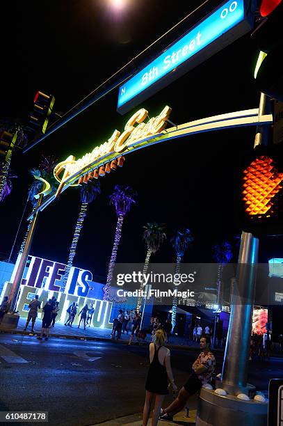 View of the Fremont East sign during day 3 of the 2016 Life Is Beautiful festival on September 25, 2016 in Las Vegas, Nevada.