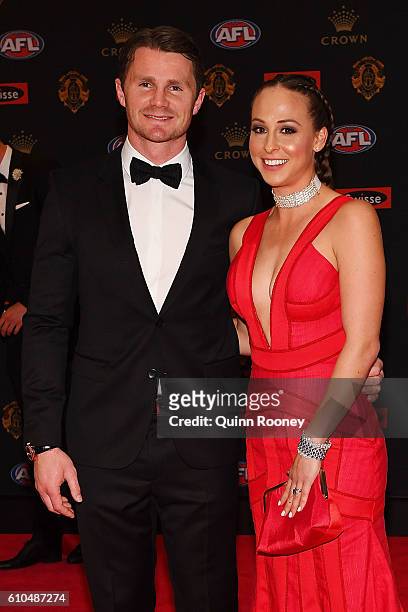 Patrick Dangerfield of Geelong and Mardi Dangerfield arrive ahead of the 2016 Brownlow Medal at Crown Entertainment Complex on September 26, 2016 in...