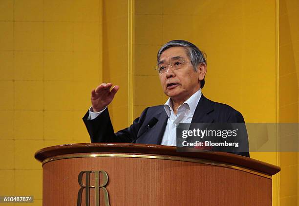 Haruhiko Kuroda, governor of the Bank of Japan , speaks during a business leaders meeting in Osaka, Japan, on Monday, Sept. 26, 2016. The BOJ board...