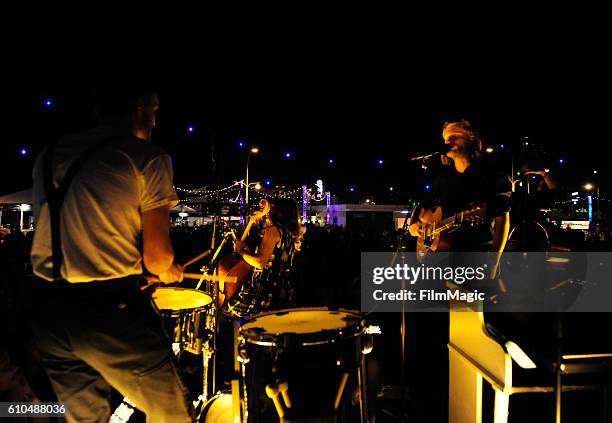 Recording artists Jeremiah Fraites, Neyla Pekarek and Wesley Schultz of The Lumineers perform on the soundstage at Ambassador Stage during day 3 of...