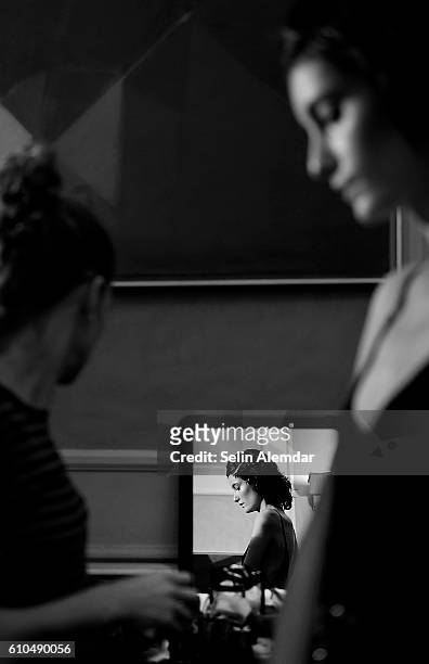 Model is seen backstage ahead of the Simonetta Ravizza show during Milan Fashion Week Spring/Summer 2017 on September 24, 2016 in Milan, Italy.