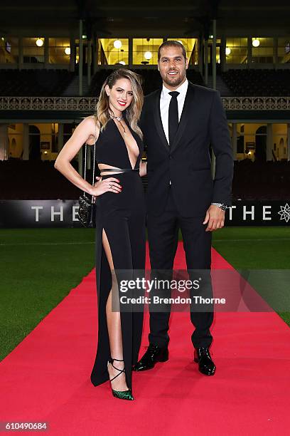 Jesinta Campbell and Lance Franklin arrive at the Sydney Swans function at Sydney Cricket Ground ahead of the 2016 AFL Brownlow Medal ceremony on...