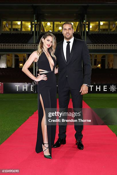 Jesinta Campbell and Lance Franklin arrive at the Sydney Swans function at Sydney Cricket Ground ahead of the 2016 AFL Brownlow Medal ceremony on...