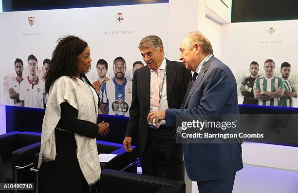 Fatma Samba Diouf Samoura, FIFA Secretary General talks with David Dein and Gerard Houllier in the VIP area during day 1 of the Soccerex Global...