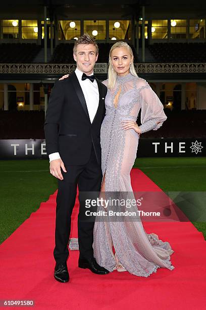 Kieren Jack and Charlotte Goodlet arrive at the Sydney Swans function at Sydney Cricket Ground ahead of the 2016 AFL Brownlow Medal ceremony on...