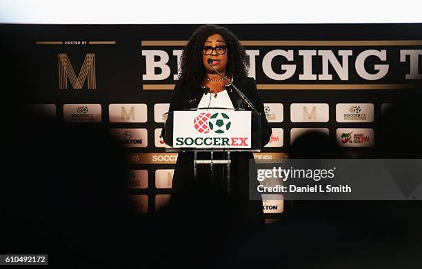 Fatma Samba Diouf Samoura, FIFA Secretary General talks during day 1 of the Soccerex Global Convention 2016 at Manchester Central Convention Complex...