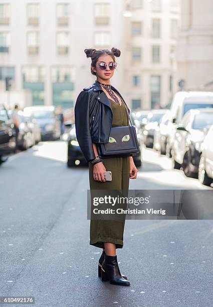Guest outside Ferragamo during Milan Fashion Week Spring/Summer 2017 on September 25, 2016 in Milan, Italy.