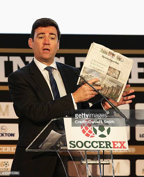 Andrew Burnham, Shadow Home Secretary talks during day 1 of the Soccerex Global Convention 2016 at Manchester Central Convention Complex on September...
