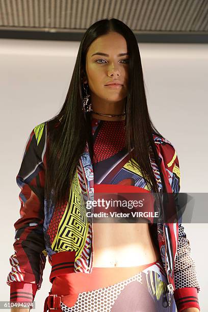 Adriana Lima backstage at the Versace Ready to Wear show during Milan Fashion Week Spring/Summer 2017 on September 23, 2016 in Milan, Italy.