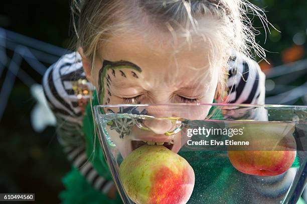 child bobbing for apples - 1 etappe stock-fotos und bilder