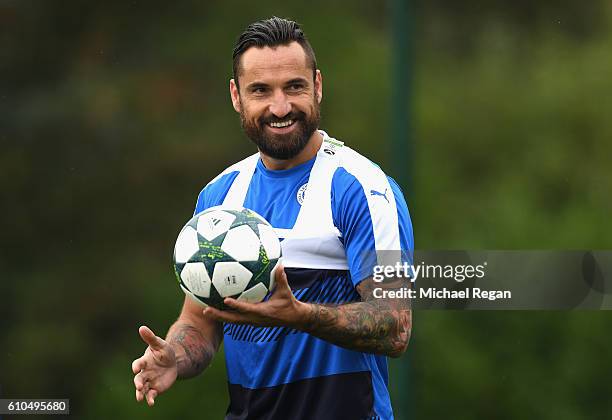 Marcin Wasilewski of Leicester City looks on during a Leicester City training session ahead of their Champions League match against FC Porto at...