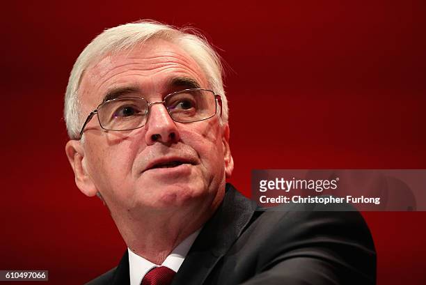 Shadow Chancellor John McDonnell delivers his keynote speech to the Labour Party Conference on September 26, 2016 in Liverpool, England. During his...