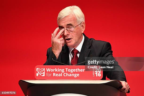 Shadow Chancellor John McDonnell delivers his keynote speech to the Labour Party Conference on September 26, 2016 in Liverpool, England. During his...