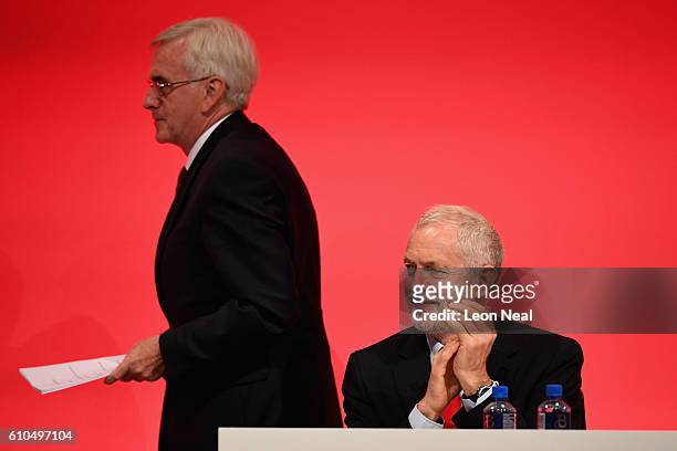 Labour Leader Jeremy Corbyn applauds as Shadow Chancellor John McDonnell gets up to deliver his keynote speech to the Labour Party Conference on...