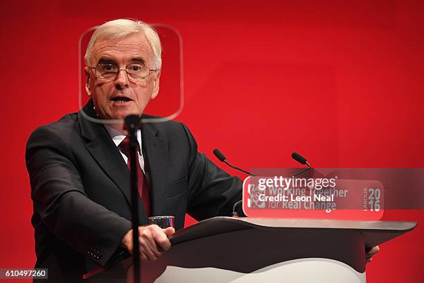 Shadow Chancellor John McDonnell delivers his keynote speech to the Labour Party Conference on September 26, 2016 in Liverpool, England. During his...