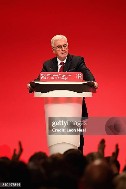 Shadow Chancellor John McDonnell delivers his keynote speech to the Labour Party Conference on September 26, 2016 in Liverpool, England. During his...