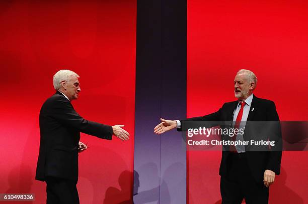 Labour Leader Jeremy Corbyn congratulates Shadow Chancellor John McDonnell after the Shadow Chancellor delivered his keynote speech to the Labour...