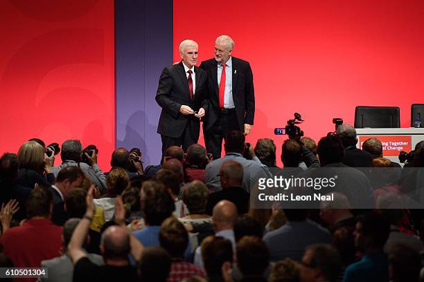 Shadow Chancellor John McDonnell is congratulated by the Labour Party leader Jeremy Corbyn following his keynote speech on the second day of the...