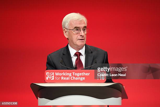 Shadow Chancellor John McDonnell addresses delegates on the second day of the Labour Party conference on September 26, 2016 in Liverpool, England....