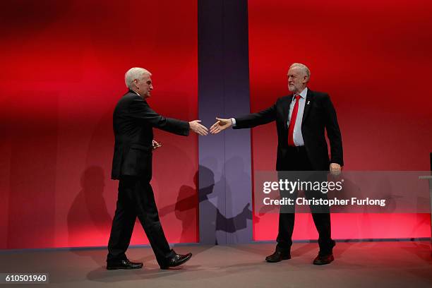 Labour Leader Jeremy Corbyn congratulates Shadow Chancellor John McDonnell after the Shadow Chancellor delivered his keynote speech to the Labour...